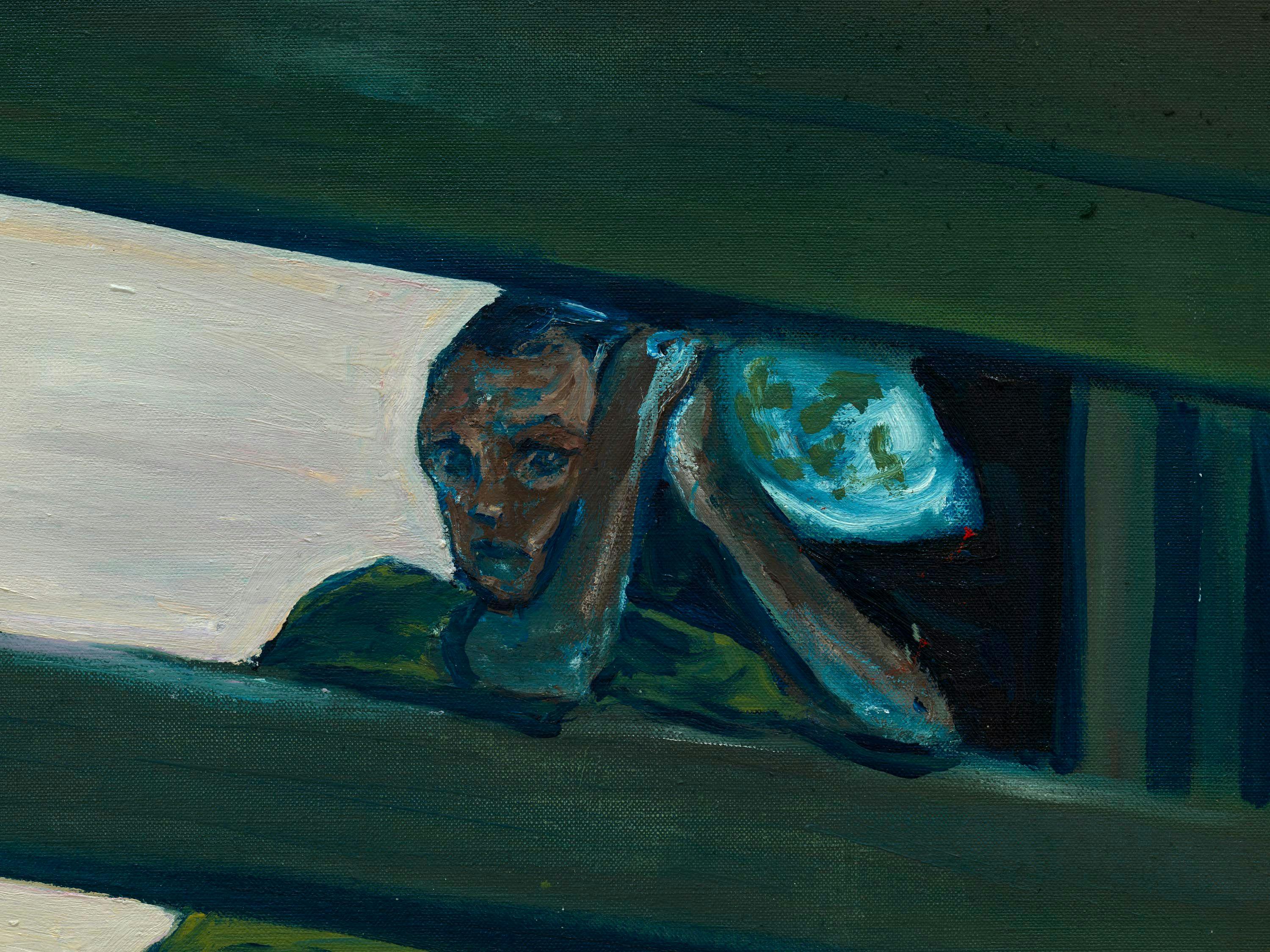 A detail from an oil and acrylic on linen artwork by Noah Davis, titled Another Balcony, dated 2009.